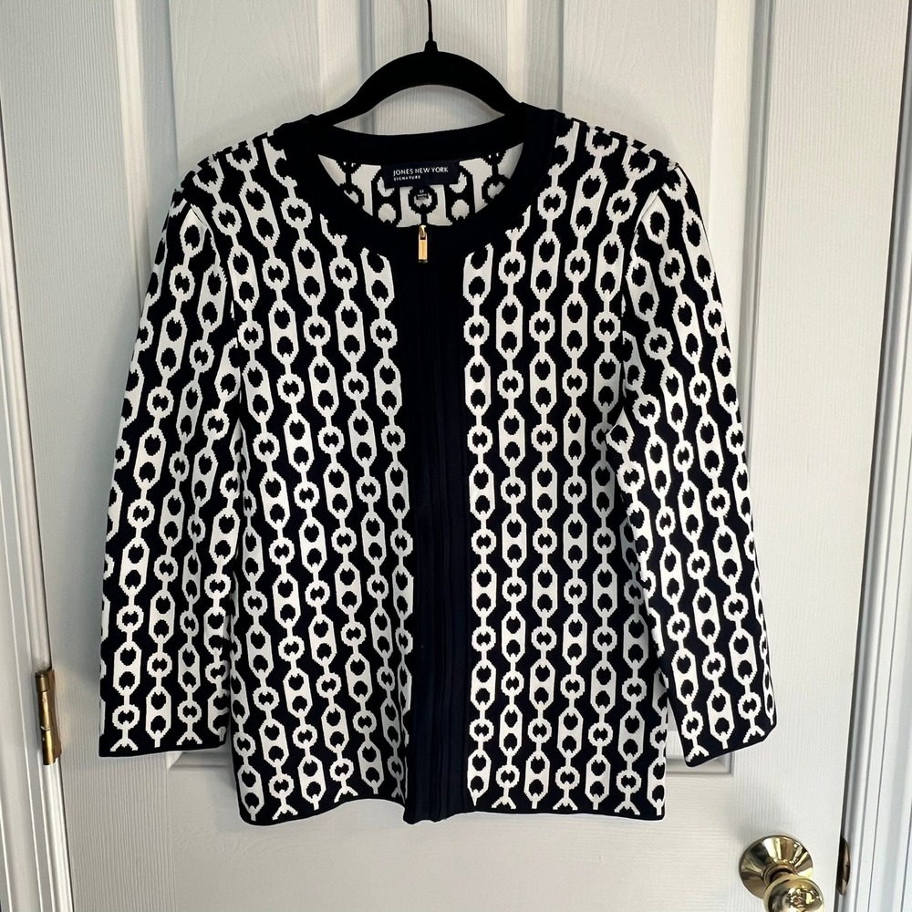 Jones New York Signature Black White Chain Link Zip Front Cardigan Sweater M